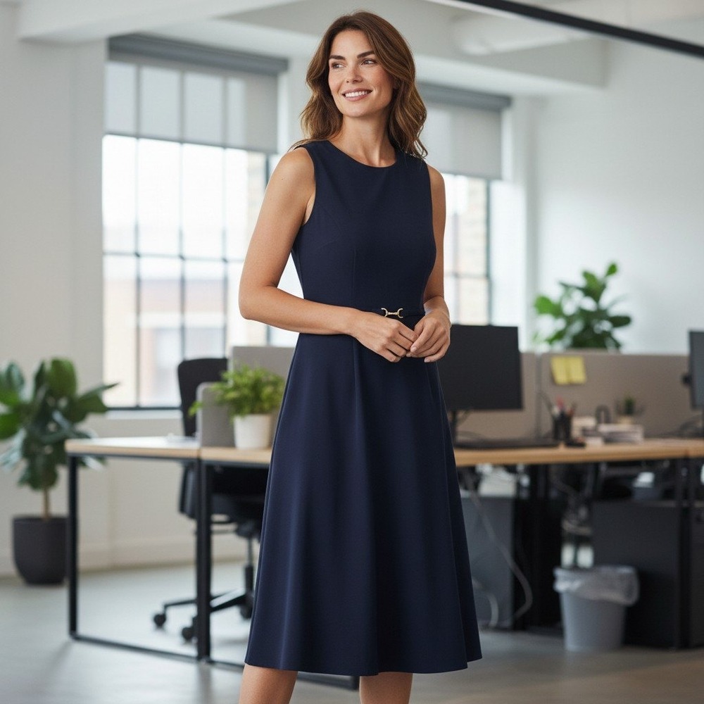 J.Crew Navy Blue Italian Stretch Wool Horsebit Buckle Sleeveless
Midi Dress 12